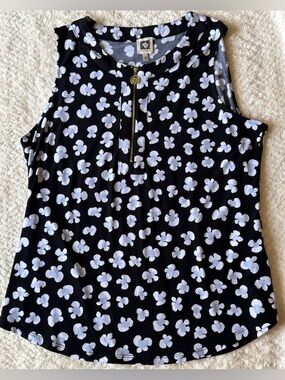Anne Klein Black Sleeveless Tank with White Floral Print and Gold Zip